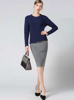 Sapphire Blue O-neck Long Sleeve Knitted Sweater