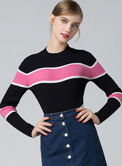 Striped Stand Collar Long Sleeve Knitted Sweater