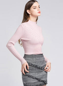 Hollow Out Nail Bead Slim Knitted Sweater