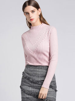 Hollow Out Nail Bead Slim Knitted Sweater