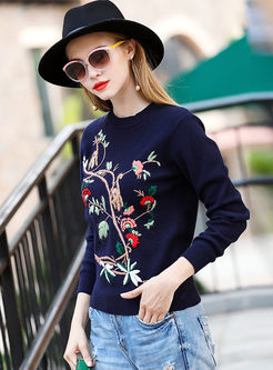 Cute Embroidery Long Sleeve Knitted Sweater