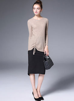 Causal Apricot O-neck Tie Knitted Sweater