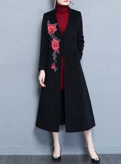 Embroidery V-neck Long Sleeve A-line Woolen Coat