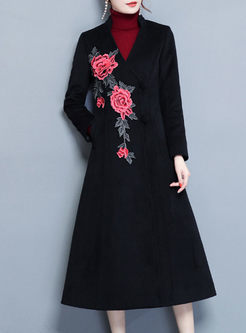 Embroidery V-neck Long Sleeve A-line Woolen Coat