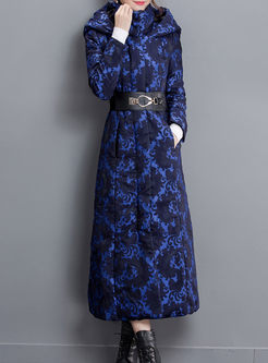 Blue Elegant Belt Hooded Maxi Down Coat