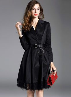 Lace Splicing Belt Long Sleeve Trench Coat