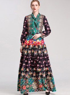 Ethnic Floral Long Sleeve High Waist Maxi Dress