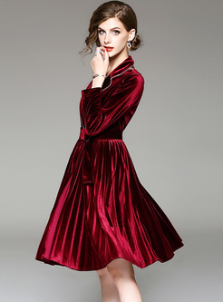 Dresses | Skater Dresses | Wine Red Notched Neck Belted A-line Dress