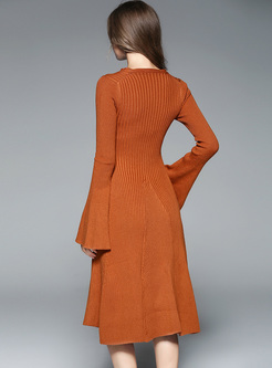 Caramel Chic V-neck Flare Sleeve Knitted Dress