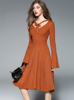 Caramel Chic V-neck Flare Sleeve Knitted Dress
