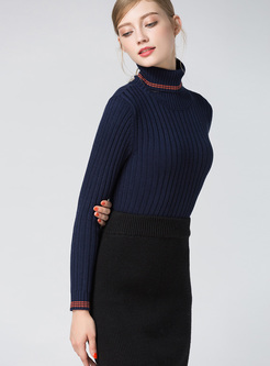 Elegant Slim Color-blocked High Neck Sweater