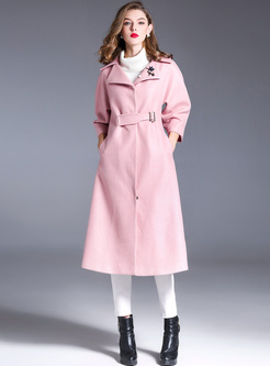Sweet Pink Brooched Lantern Sleeve A-line Coat