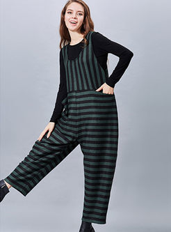 Causal Striped Loose Knitted Overalls