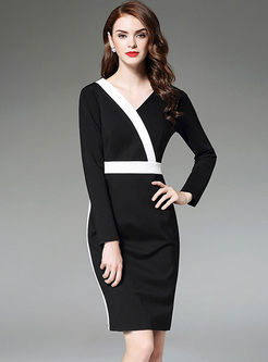 Black V-neck Tie Long Sleeve Bodycon Dress