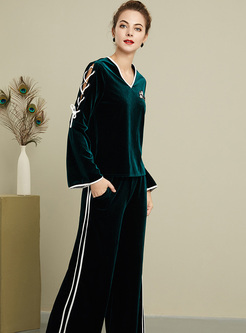 Flare Sleeve Embroidered Velvet Pant Suits