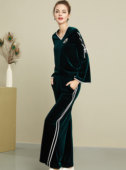 Flare Sleeve Embroidered Velvet Pant Suits