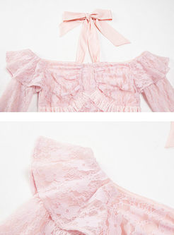 Pink Sexy Off Shoulder Lace Slit Maxi Dress