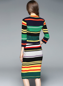 Chic Sequined Striped Color-blocked Knitted Two-piece Outfits