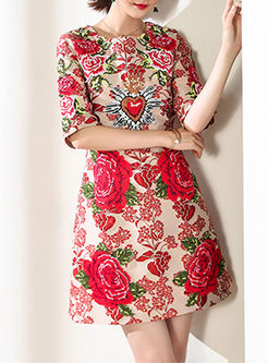 Vintage Rose Embroidery Half Sleeve Skater Dress