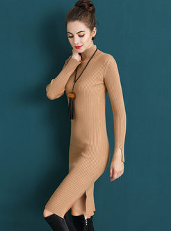 Causal Slit Turtle Neck Bodycon Knitted Dress
