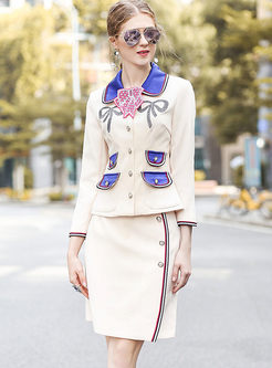 Stylish Embroidery Turn Down Collar Two-piece Outfits