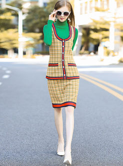Green Turtle Neck Sweater & Plaid Bodycon Two-piece Outfits