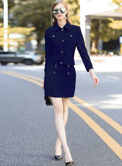 Street Turn Down Collar Coat & Mini Bodycon Skirt