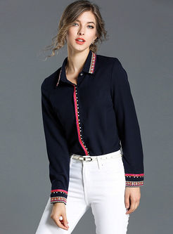 Elegant Hit Color Embroidery Long Sleeve Blouse