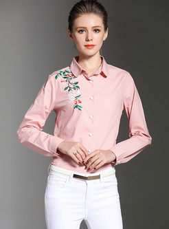 Pink Stylish Embroidery Long Sleeve Slim Blouse