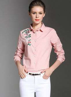 Pink Stylish Embroidery Long Sleeve Slim Blouse