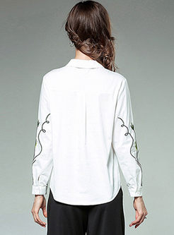 White Turn Down Collar Embroidery Blouse