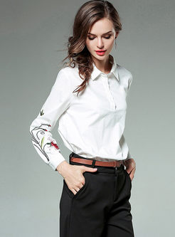 White Turn Down Collar Embroidery Blouse