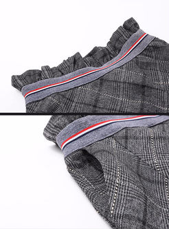 Grey Plaid Slit Lace Splicing Skirt
