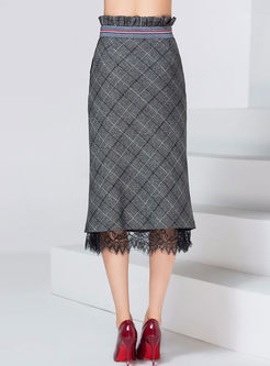 Grey Plaid Slit Lace Splicing Skirt