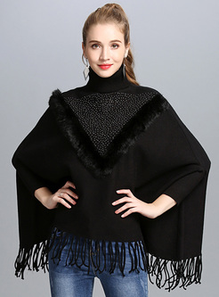 Black Bat Sleeve Tassel Knitted Sweater