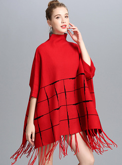 Red Grid High Neck Tassel Split Sweater