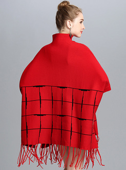 Red Grid High Neck Tassel Split Sweater
