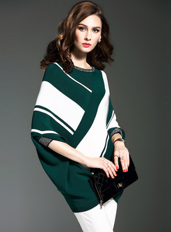 Green Brief Bat Sleeve Color-blocked Sweater