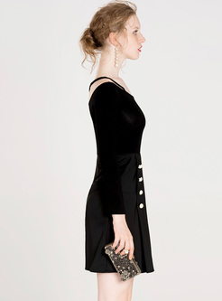 Black Off-back Buttoned Mini Party Dress