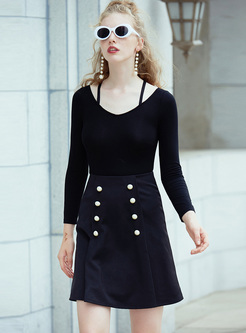Black Off-back Buttoned Mini Party Dress