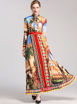 Ethnic Print Tied-collar High Waist Maxi Dress