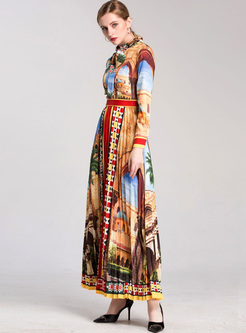 Ethnic Print Tied-collar High Waist Maxi Dress