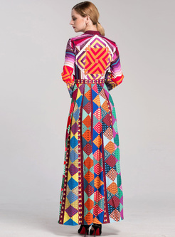 Flare Sleeve Geometric Print Maxi Dress