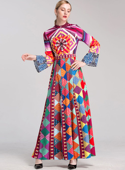 Flare Sleeve Geometric Print Maxi Dress