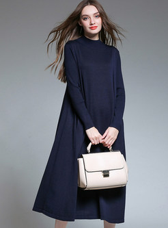 Navy Blue Brief Loose Long Sleeve High Neck Knitted Dress