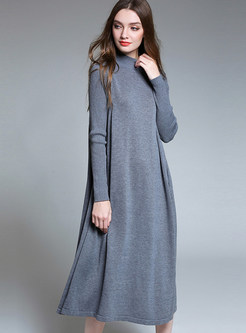 Grey Brief Loose Long Sleeve High Neck Knitted Dress