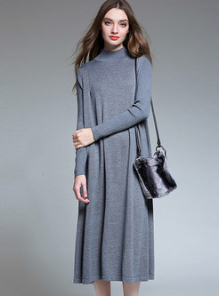 Grey Brief Loose Long Sleeve High Neck Knitted Dress