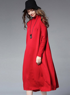 Red Brief Loose Long Sleeve High Neck Knitted Dress