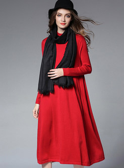 Red Brief Loose Long Sleeve High Neck Knitted Dress