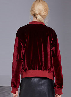 Deep Red Stylish Velvet Zip Coat